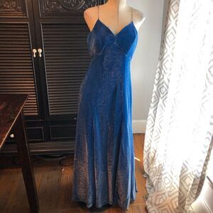 Vintage 90s Alfred Angelo Long blue glitter‎ v Neck crystal Formal dress gown 8